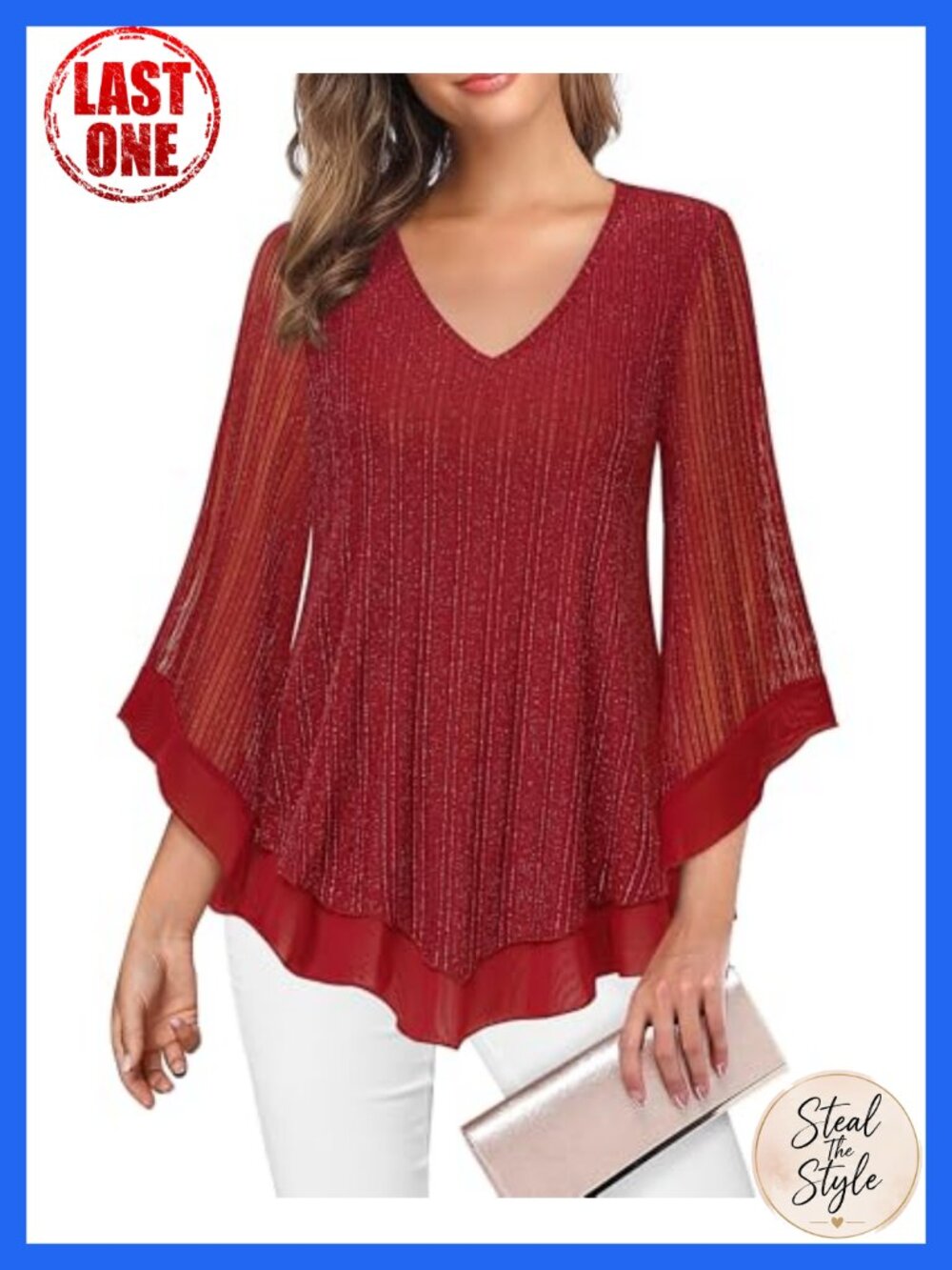 Women's Double Layer Mesh Ruffle Sleeve Tunic Blouse V-Neck Flowy Dressy Top